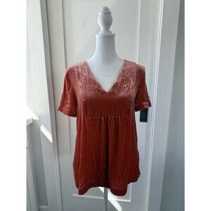 SUNDANCE Briella Velvet Tunic Top Silk Blend V-Neck Rusty Orange Short Sleeve S